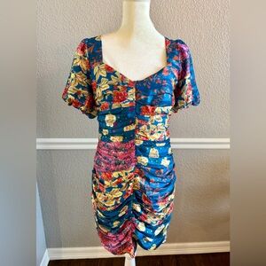 Adelyn Rae Ruched Mini Dress M Puff Sleeve Floral Patchwork Party Whimsical